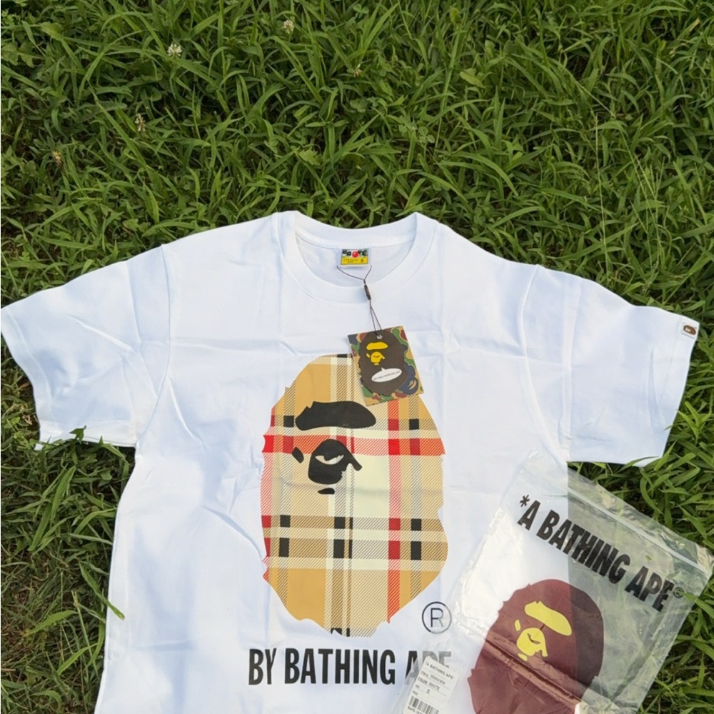 Bape White Short Sleeve Tee with Plaid Ape Logo
